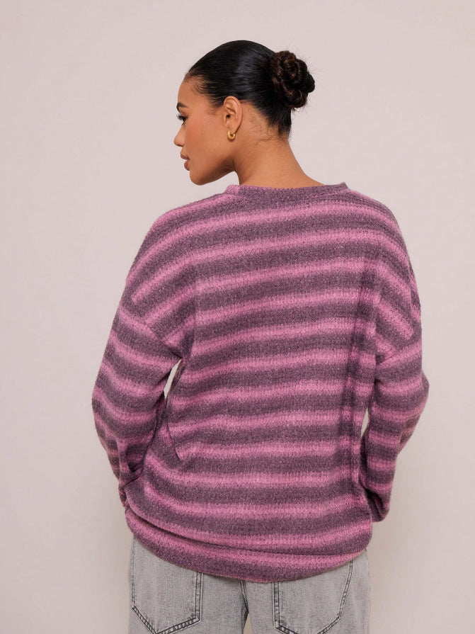 Striped Brushed Sweater Boutique Oversized Drop Shoulder Pullover