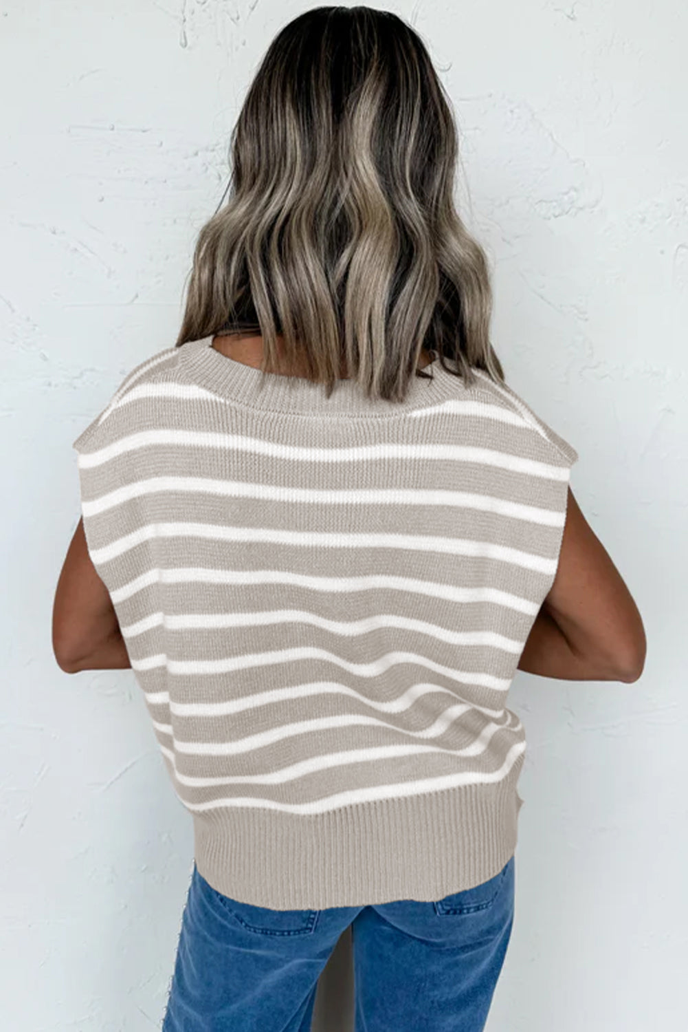 Brown Stripe Side Slits Crewneck Short Sleeve Sweater Tee