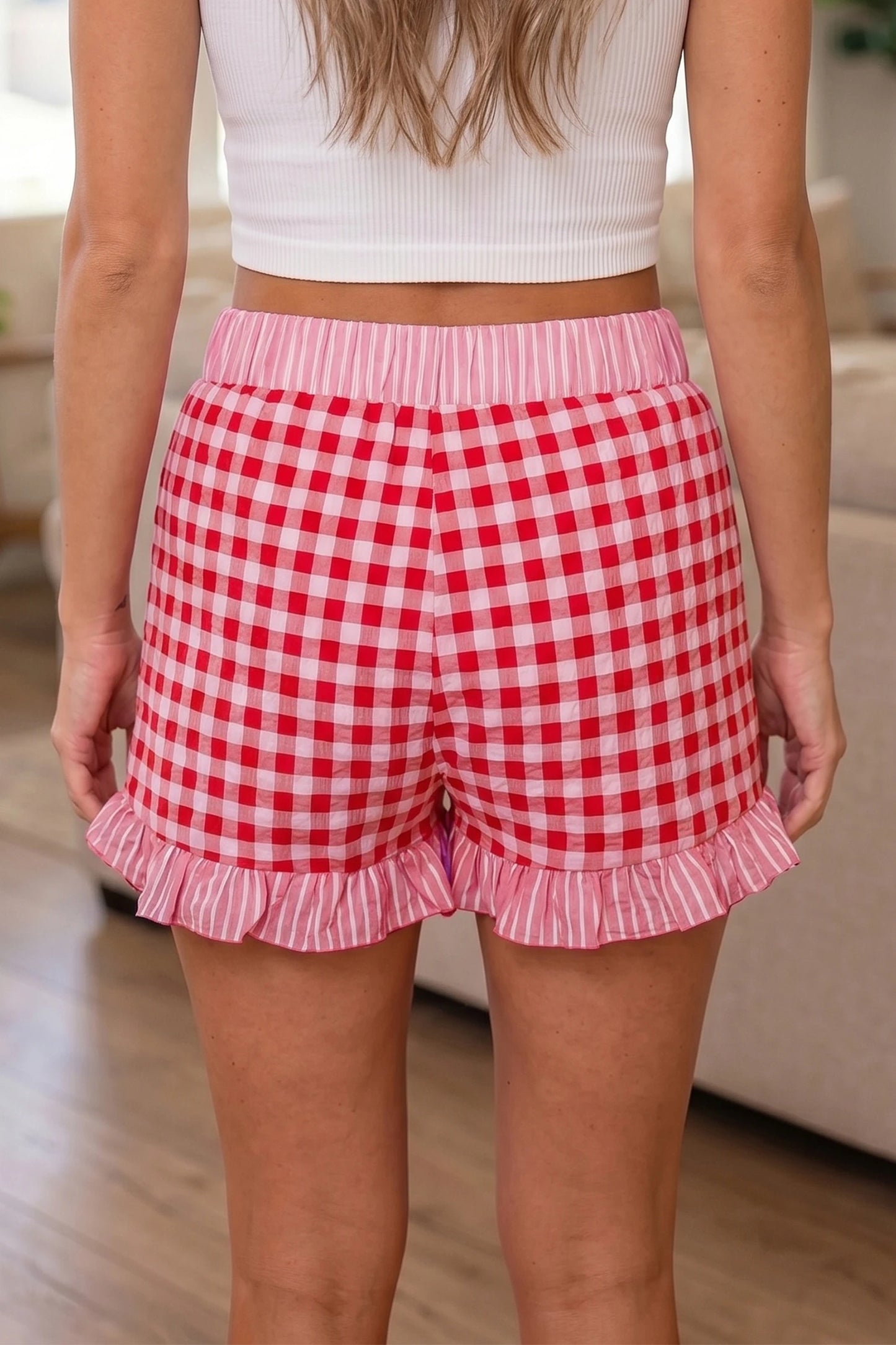 Pink Gingham Print Ruffled Shorts
