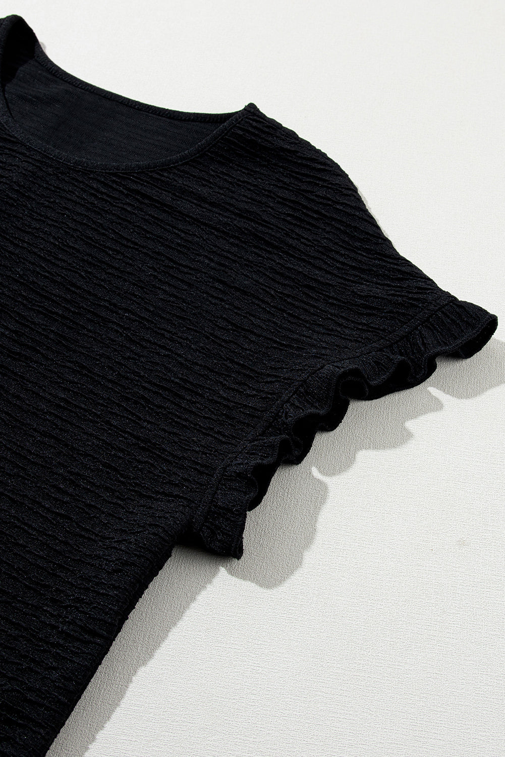 Solid Textured Ruffled Short Sleeve Blouse