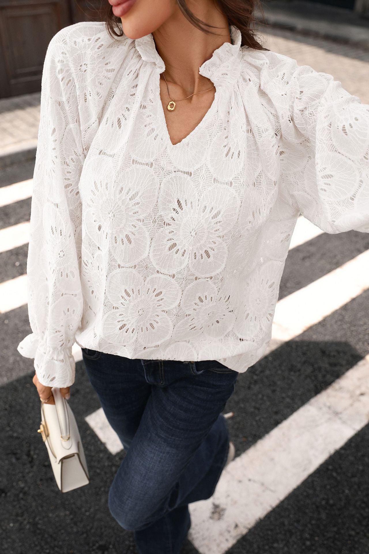Eyelet Lace V Neck Top Long Sleeve Loose Casual Blouse
