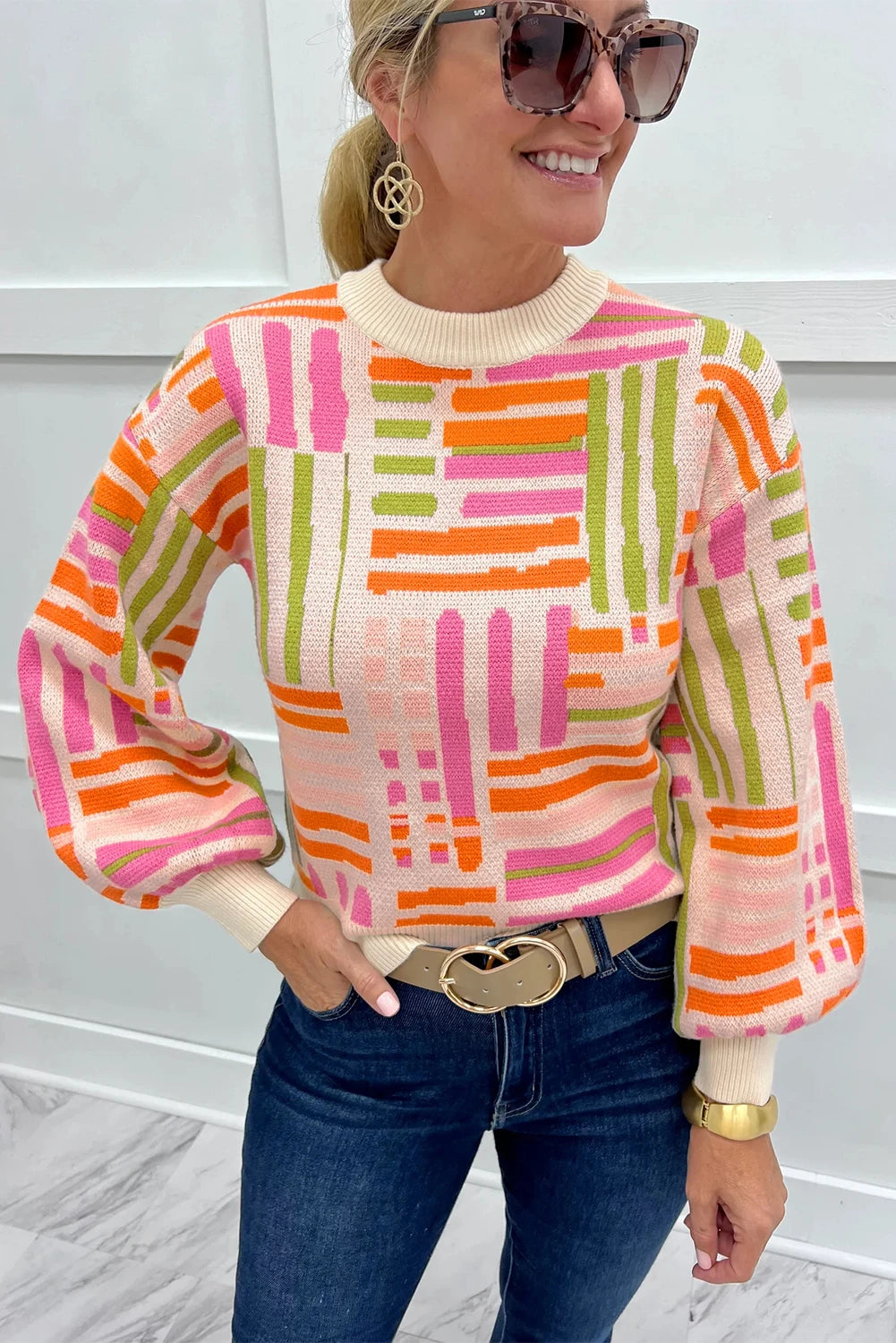 Rose Love Lines Pattern Crew Neck Puff Sleeve Sweater