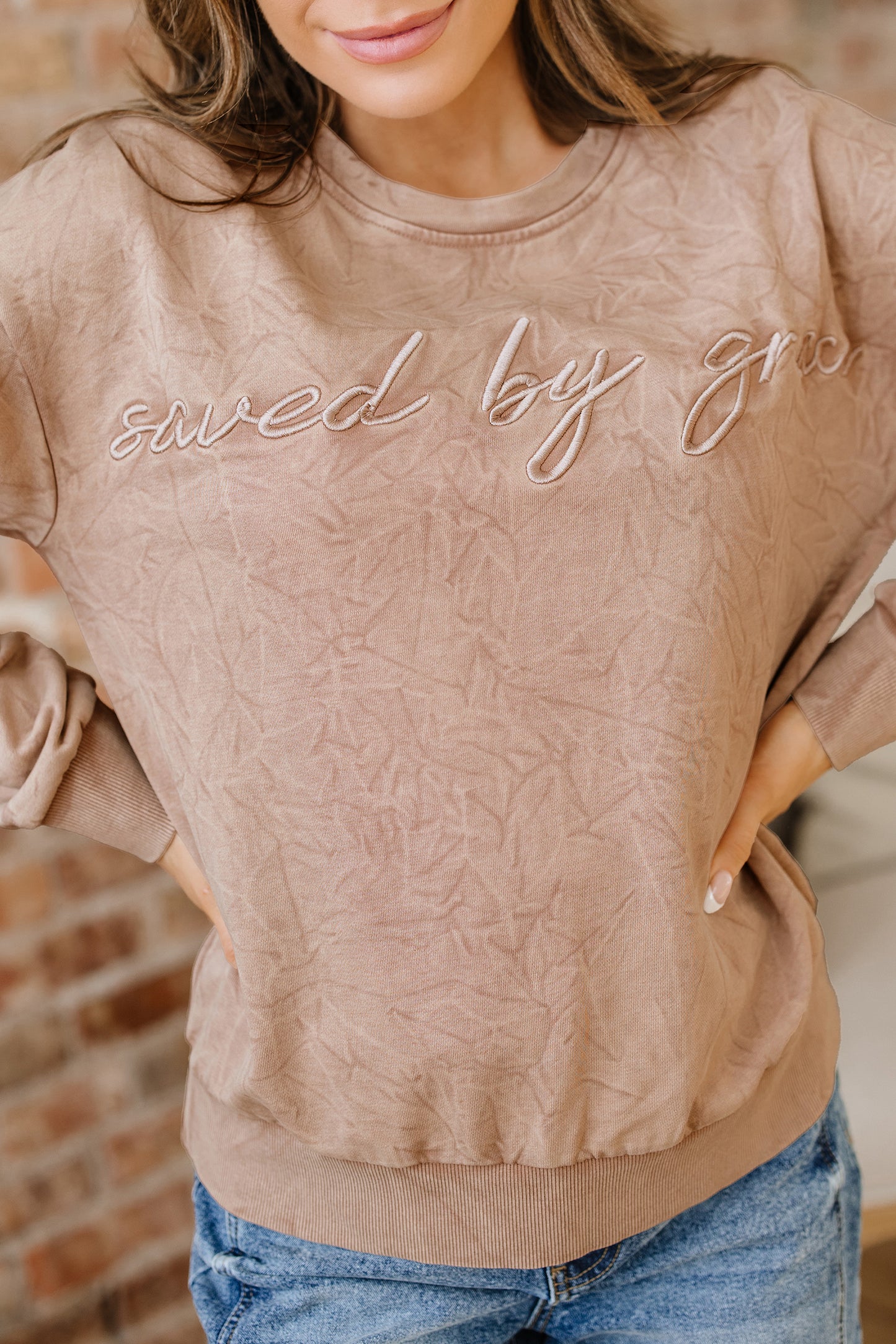 Saved by grace Letter Embroidery Mineral Wash Loose Sweatshirt