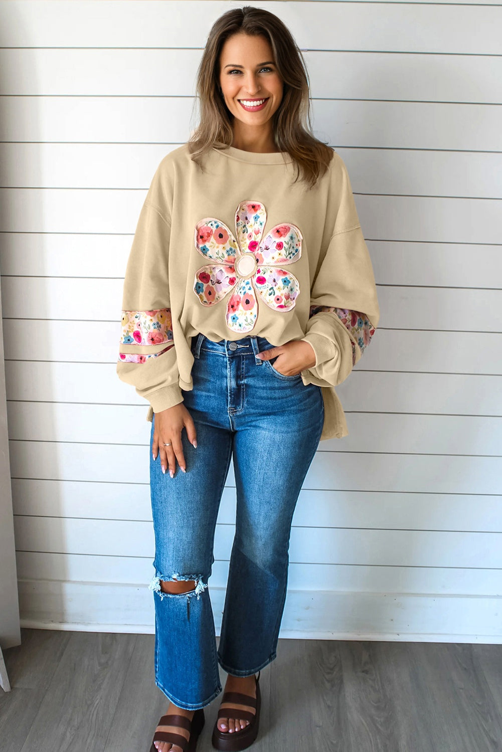 Peach Blossom Floral Applique Baggy Pullover Sweatshirt