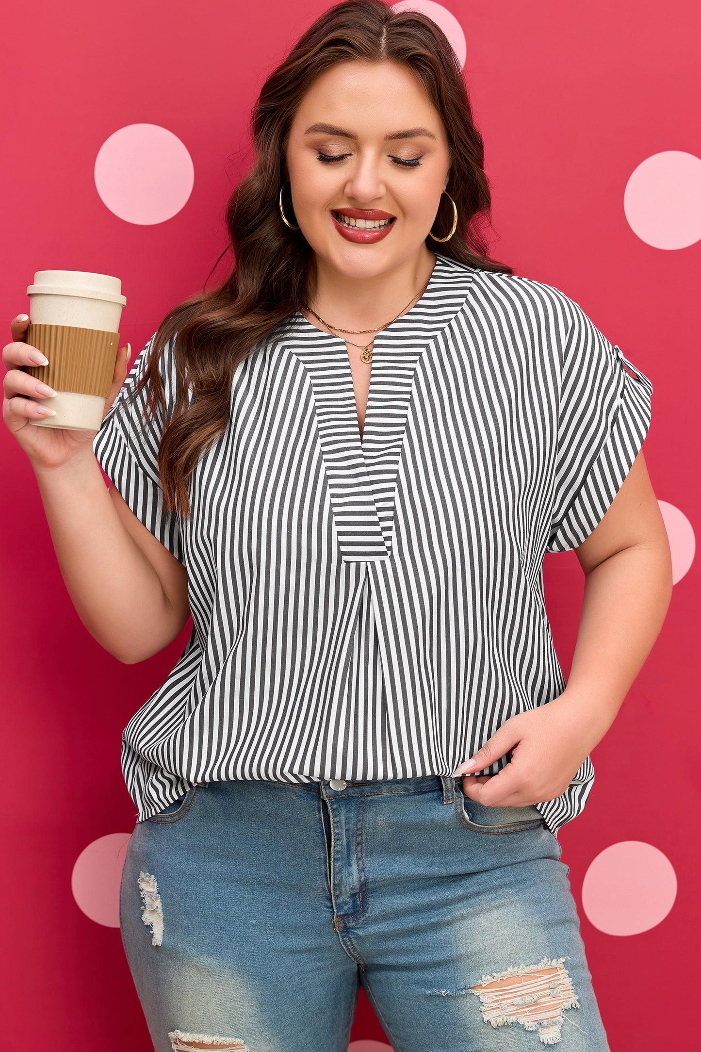Black Stripe Plus Size V Neck Roll-tab Short Dolman Sleeve Blouse