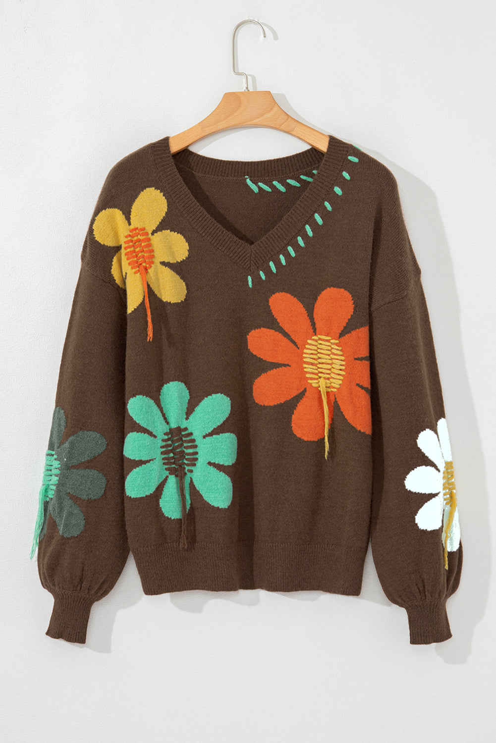Big Flower Pattern V Neck Drop Shoulder Sweater