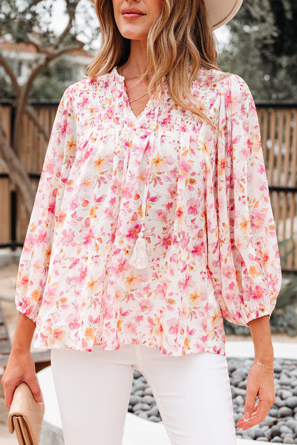 Pink Floral Print Tassel Tie Smocked V Neck Puff Sleeve Tunic Blouse