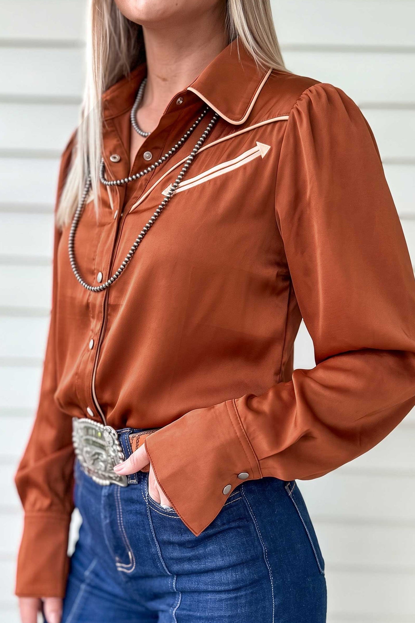 Cinnamon Silky Long Sleeve Button Front Western Fashion Shirt