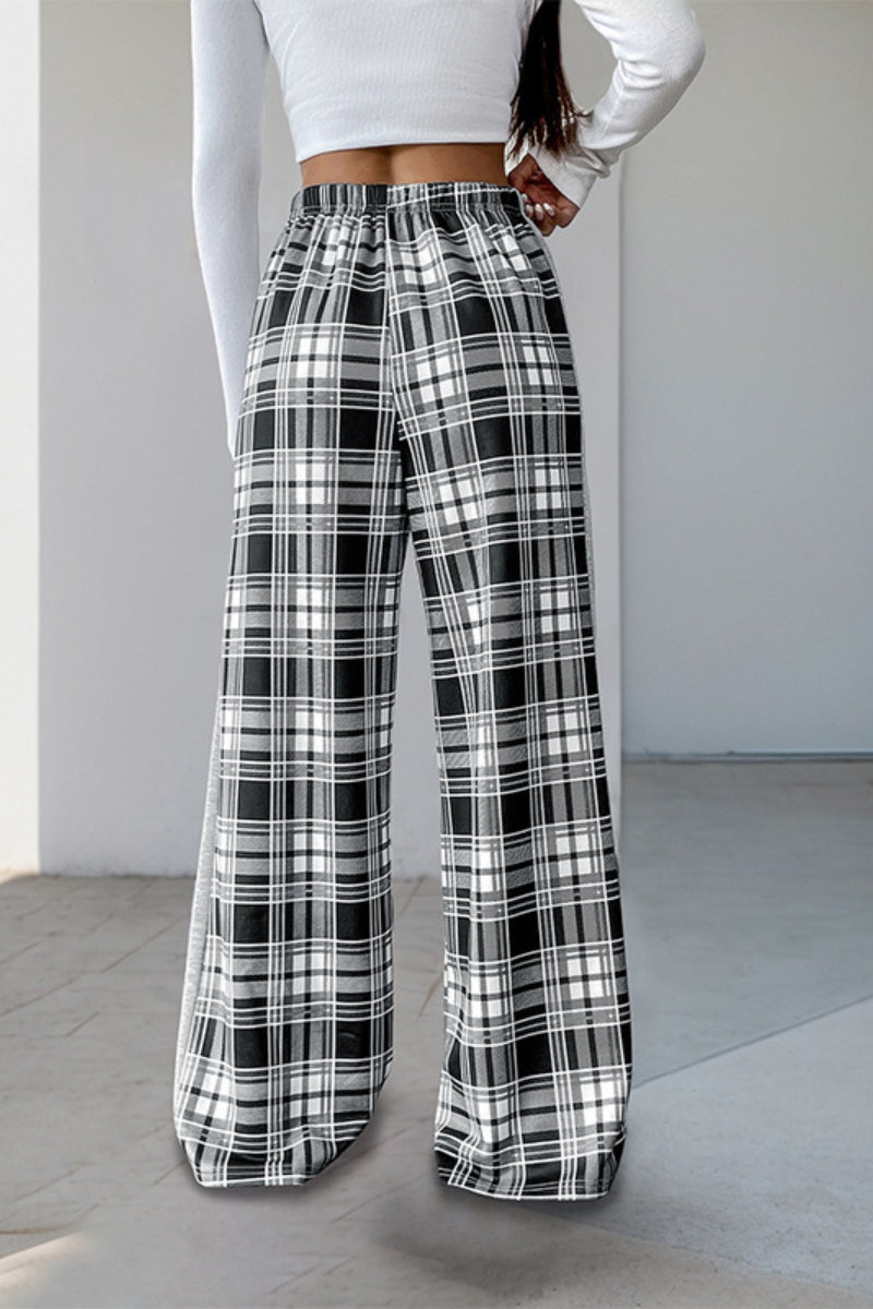 High Waist Plaid Wide Leg Pants Black and White Trousers