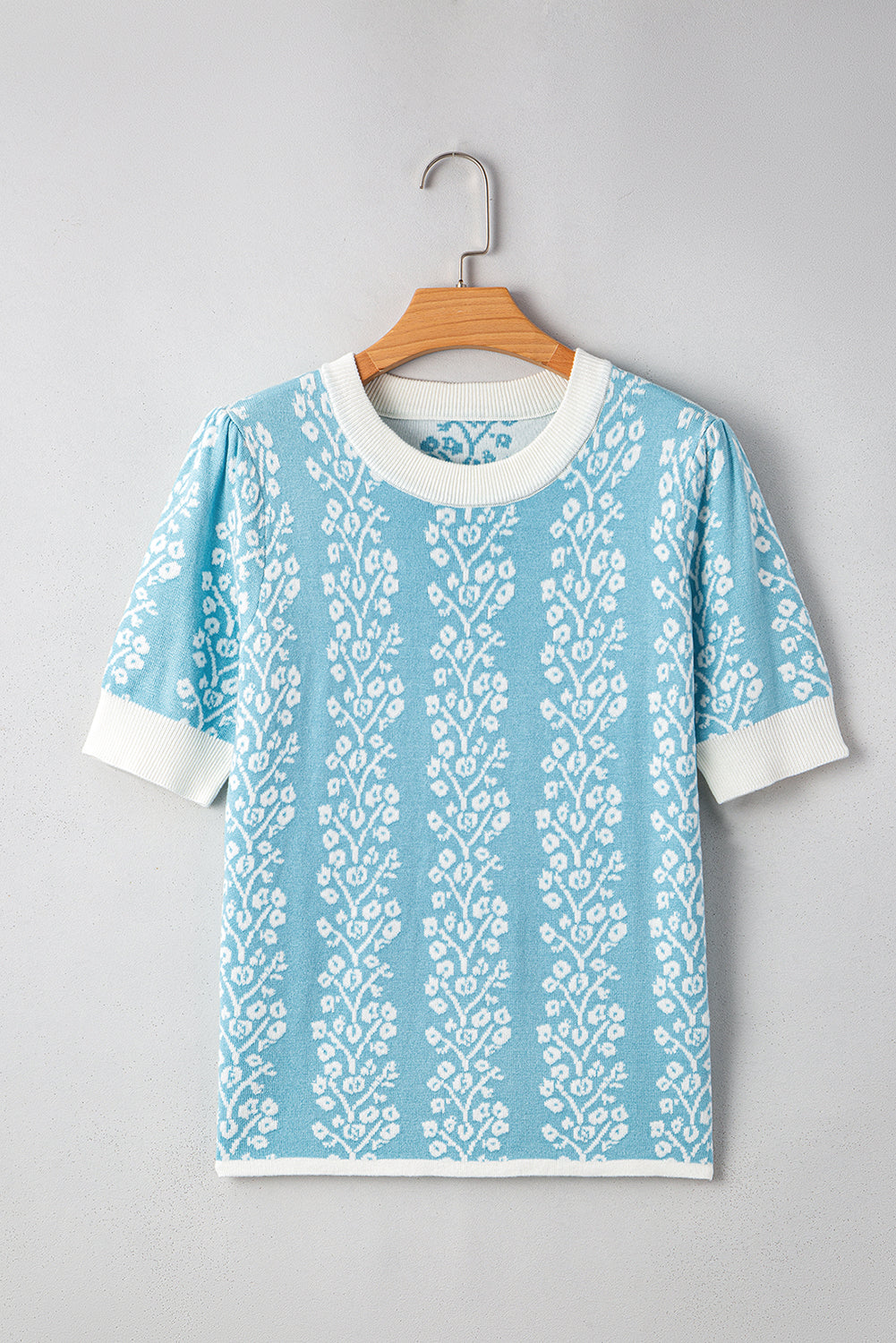 Sky Blue Contrast Floral Crewneck Short Sleeve Sweater