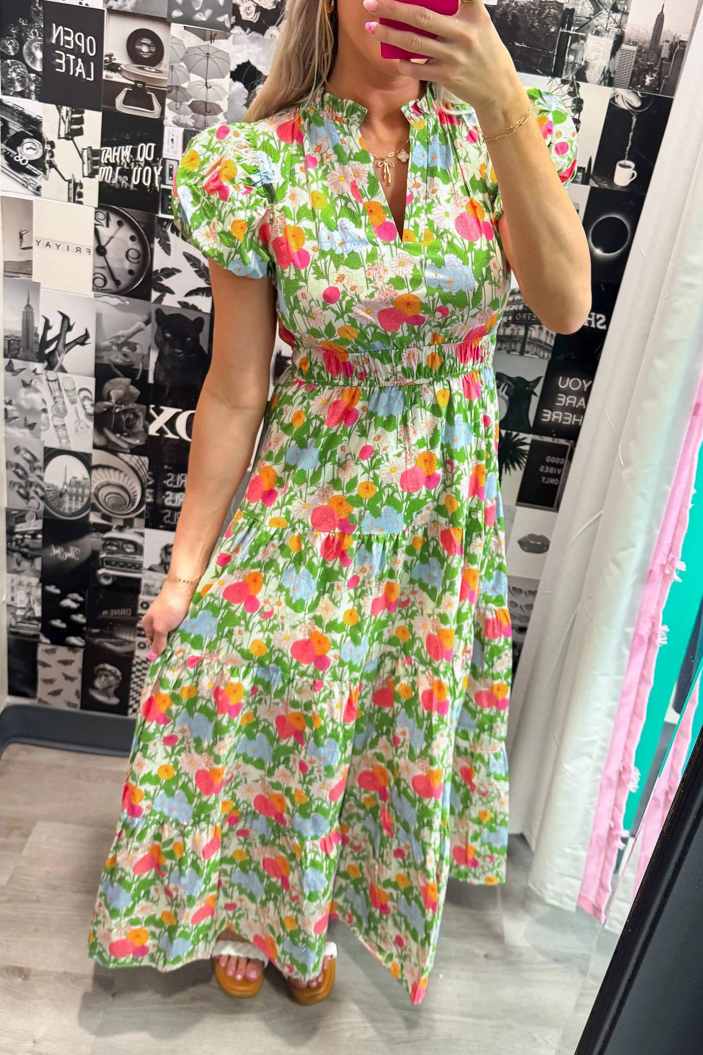 Floral Cotton Dress Casual Short Sleeve High Waist Shift