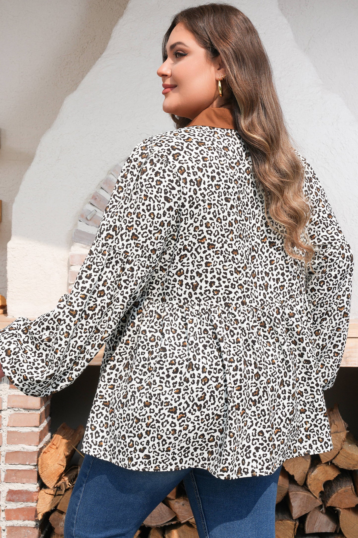 Khaki Plus Size Buttoned Contrast Trim Puff Sleeve Leopard Print Blouse