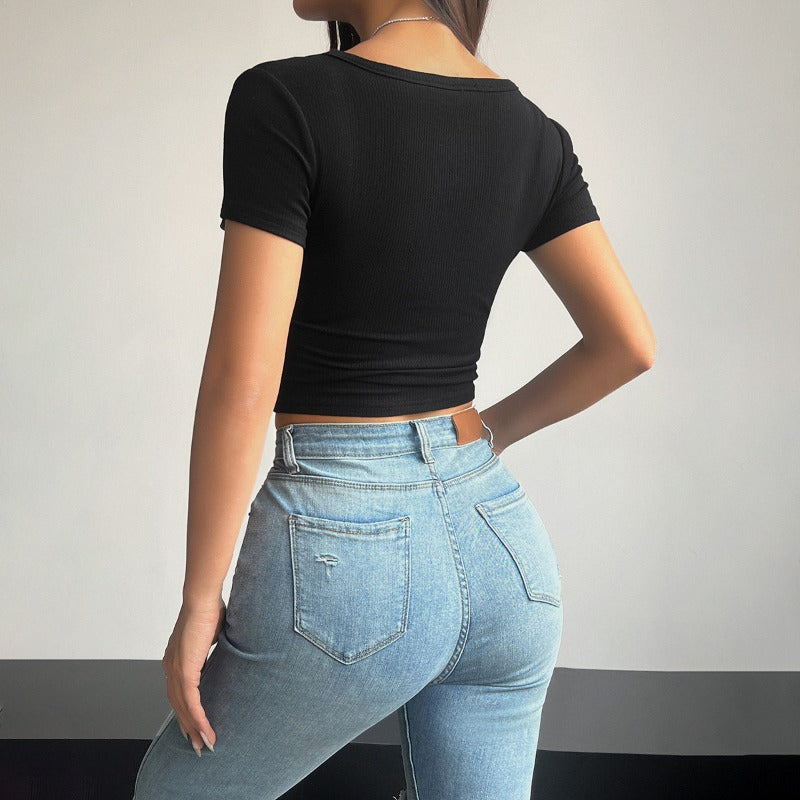 Women's Solid Color Square Neck Short Sleeve T-Shirt Top