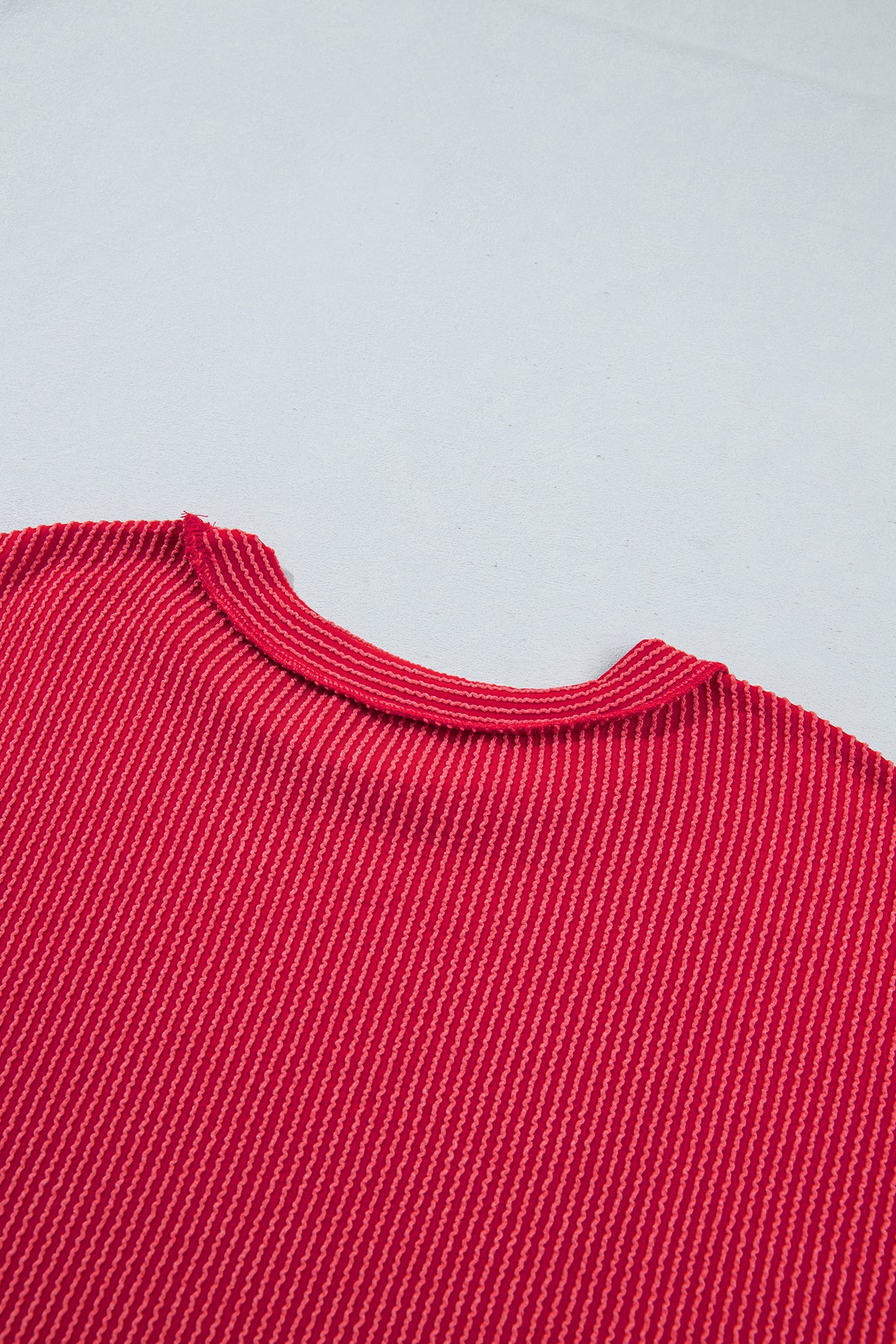 Fiery Red Patchwork Plaid Colorblock Twist Rib Round Neck Long Sleeve Top