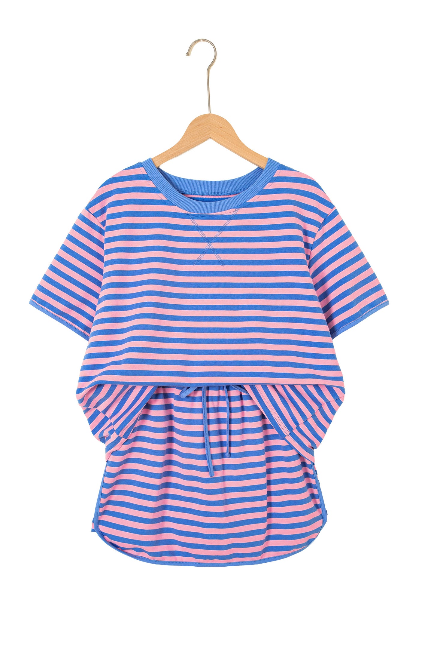 Blue Stripe Relaxed Short Sleeve Top Elastic Waist Drawstring Skort 2pcs Set