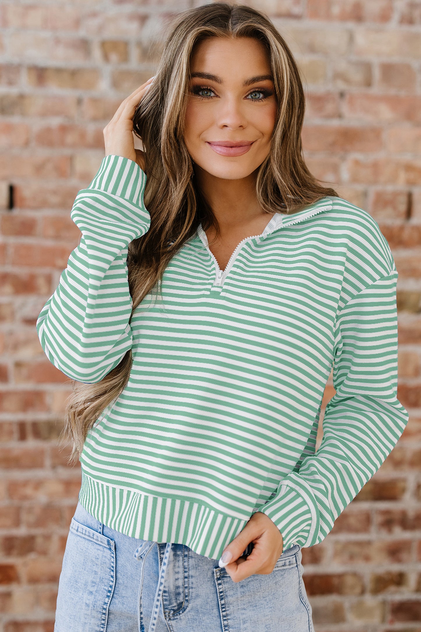 Blue Stripe Quarter Zip Collar Pullover Long Sleeve Top