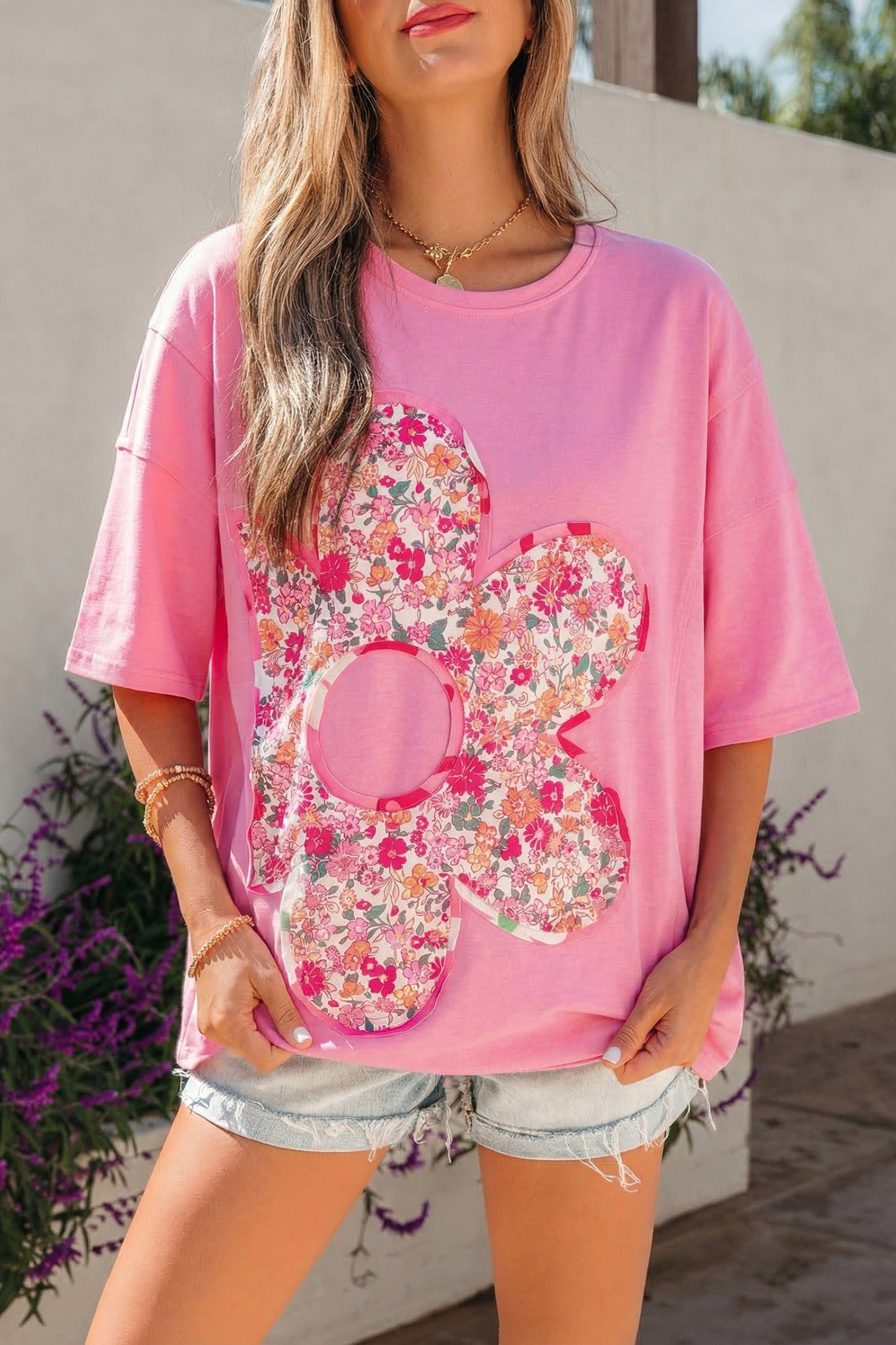 Jet Stream Floral Patched Raw Seam Big Flower Oversize Tee