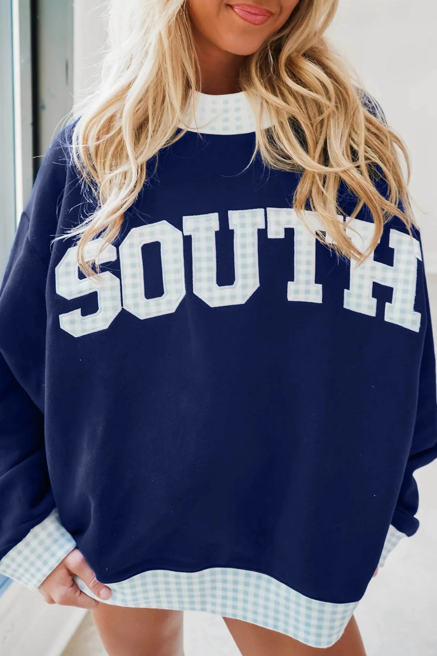 Plaid Trim High Neck SOUTH Letter Graphic Baggy Sweatshirt