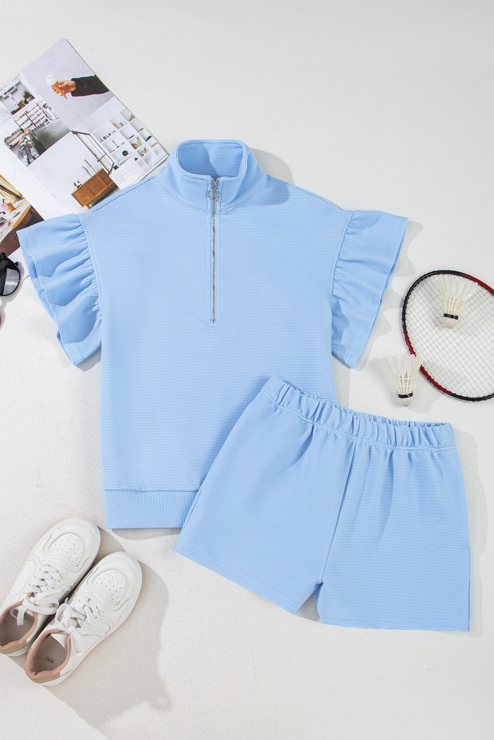 Beau Blue Ribbed Texture Half Zip Ruffled Short Sleeve Top and Shorts Set