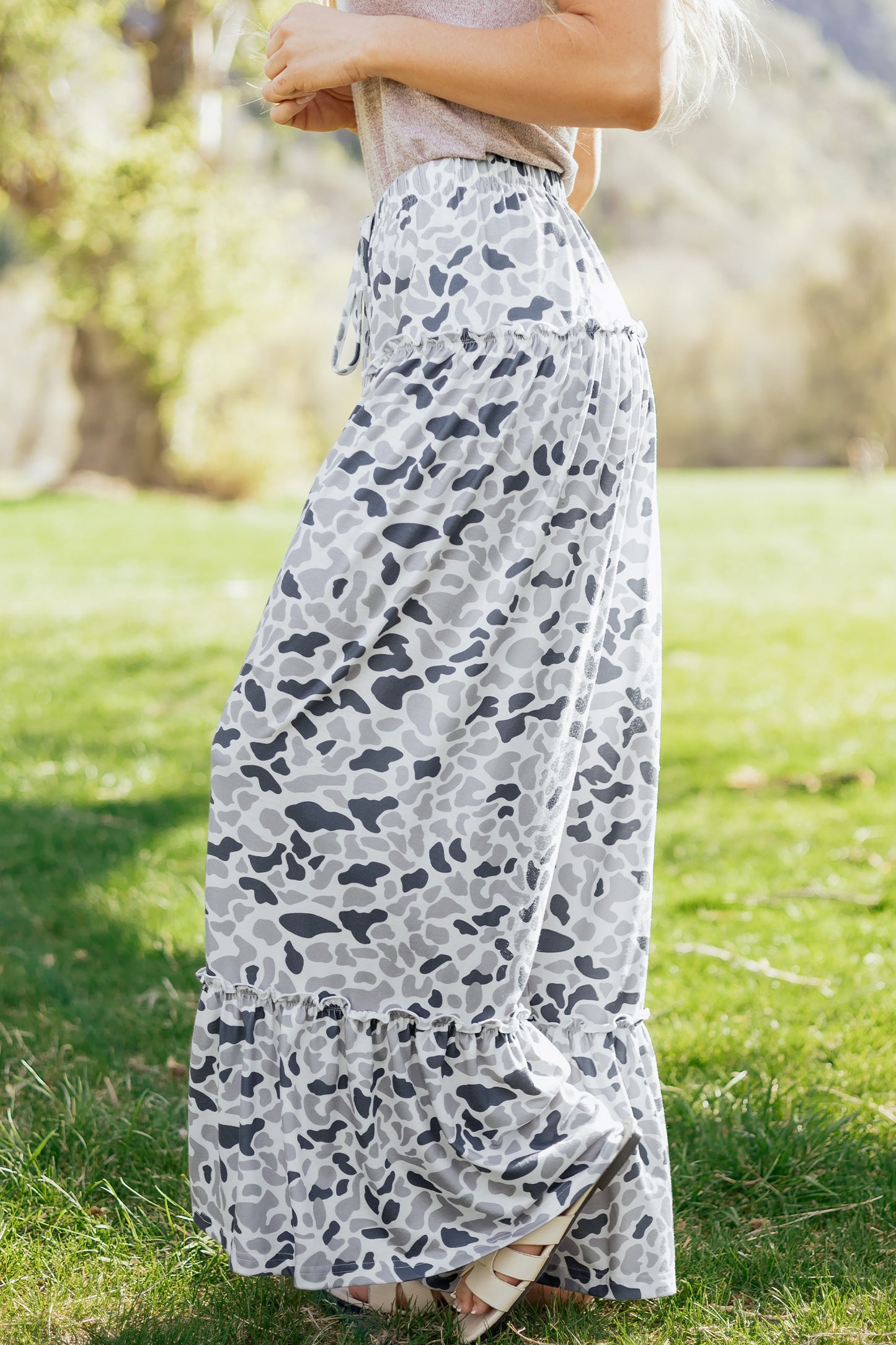 Beige Camo Print Wide Leg Casual Pants
