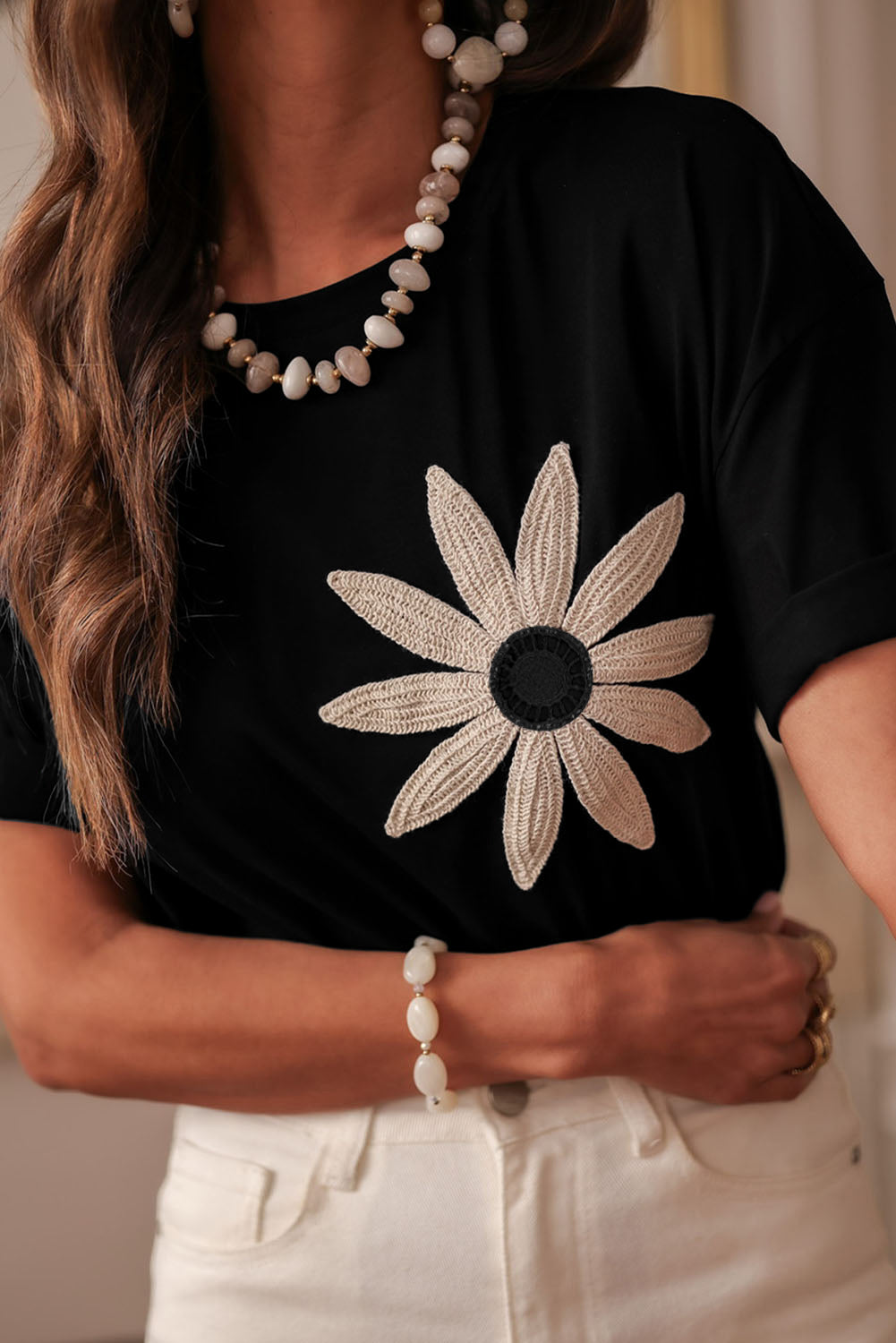 Oatmeal Contrast Crochet Floral Graphic Drop Shoulder Loose Tee