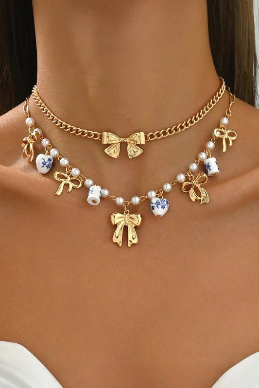 Gold Plated Bow Chain Porcelain Pearls Embellished 2pcs Necklace Set