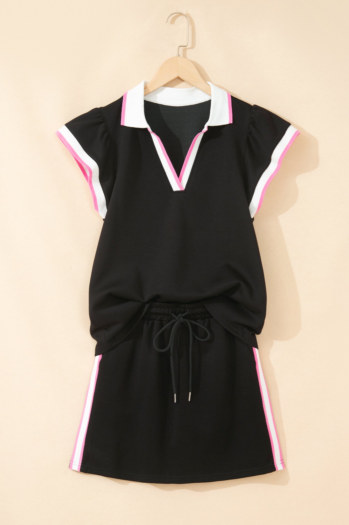 Sky Blue Preppy Striped Trim V Neck Polo Tee Drawstring Skirt Set