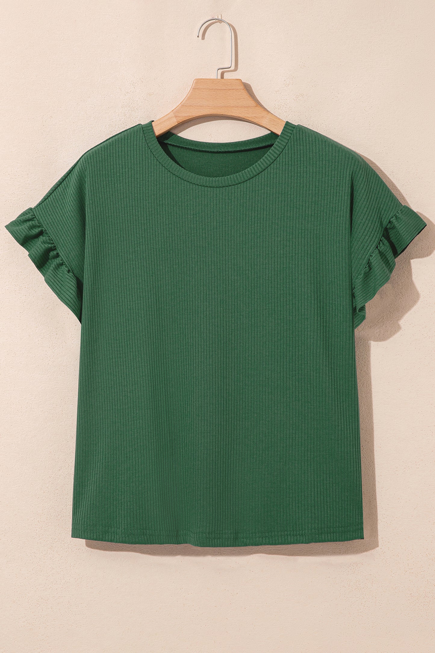 Blackish Green Solid Color Ribbed Ruffled Short Sleeve T Shirt