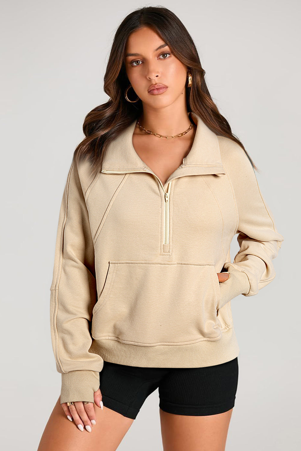 Solid Color Quarter Zip Stand Neck Kangaroo Pocket Sweatshirt