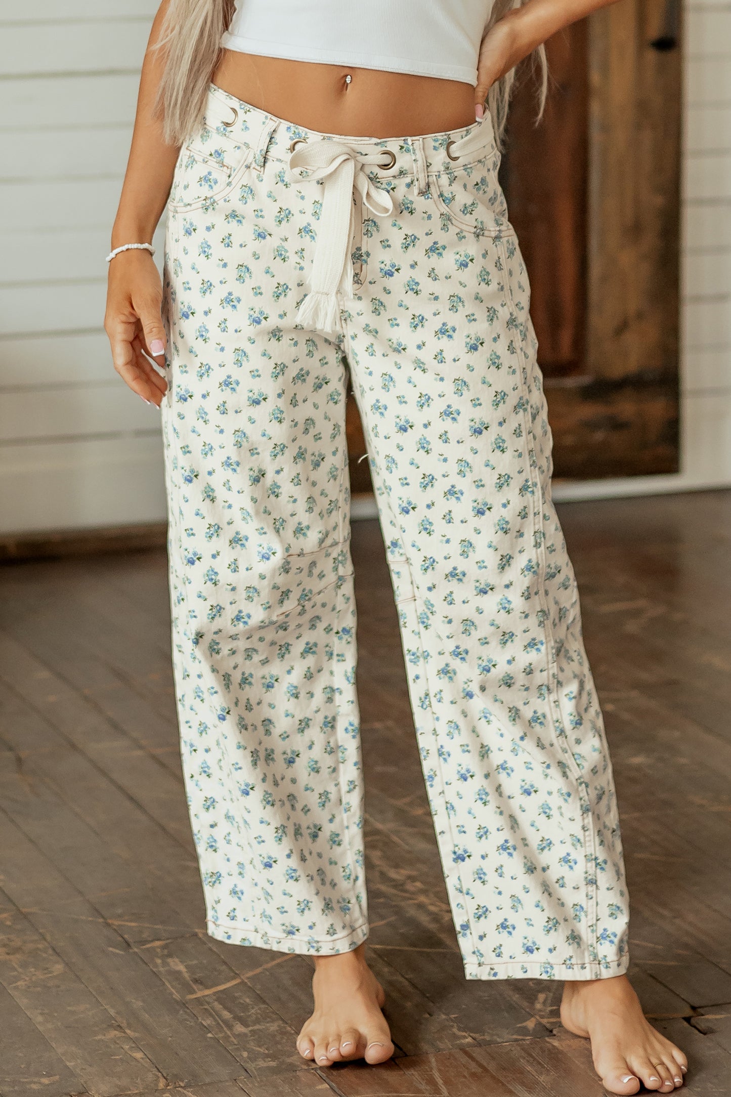 Beige Grommet Knot Waist Floral Barrel Leg Jeans