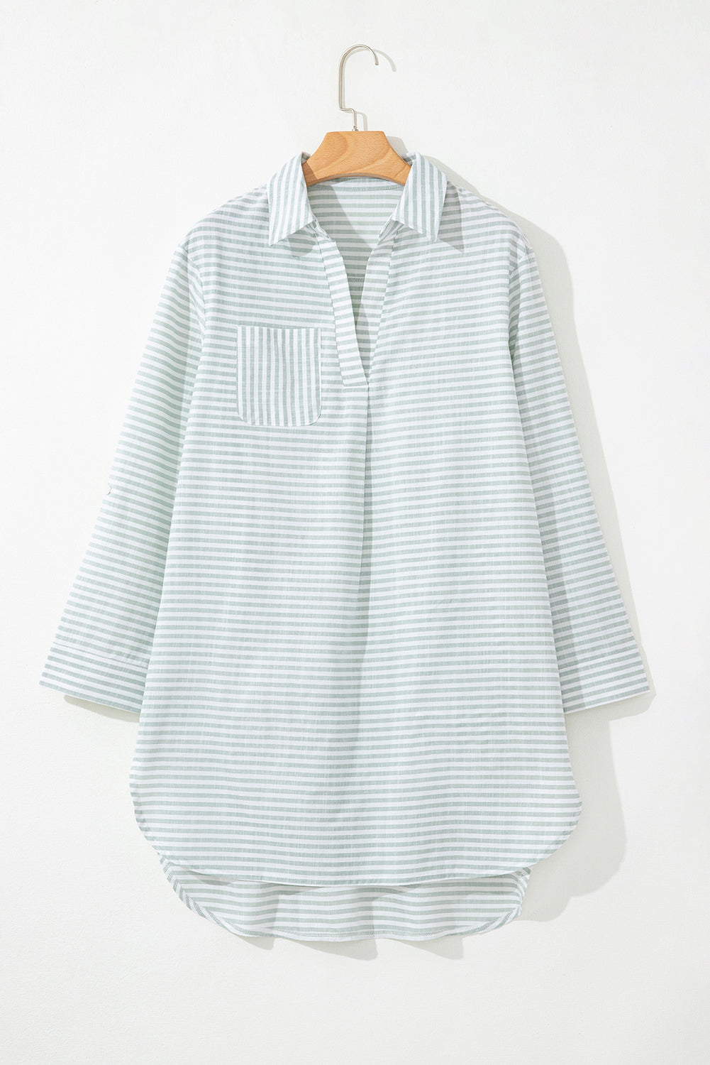 Stripe Collared V Neck Chest Pocket Long Sleeve Beach Cover up