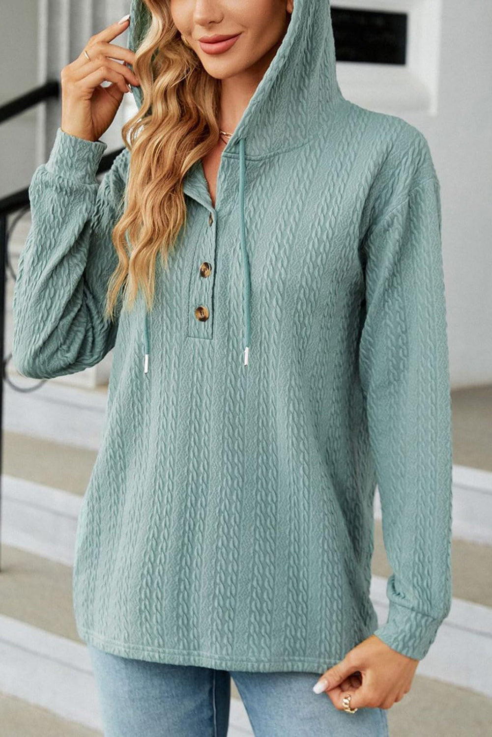 Button Front Textured Drawstring Hooded Long Sleeve Top