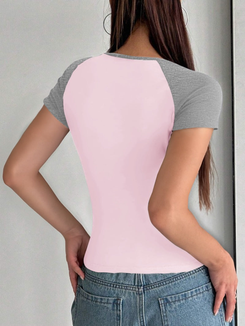 Spring 2025 Slim U Neck Collision Short Sleeve Top Women's T-Shirt