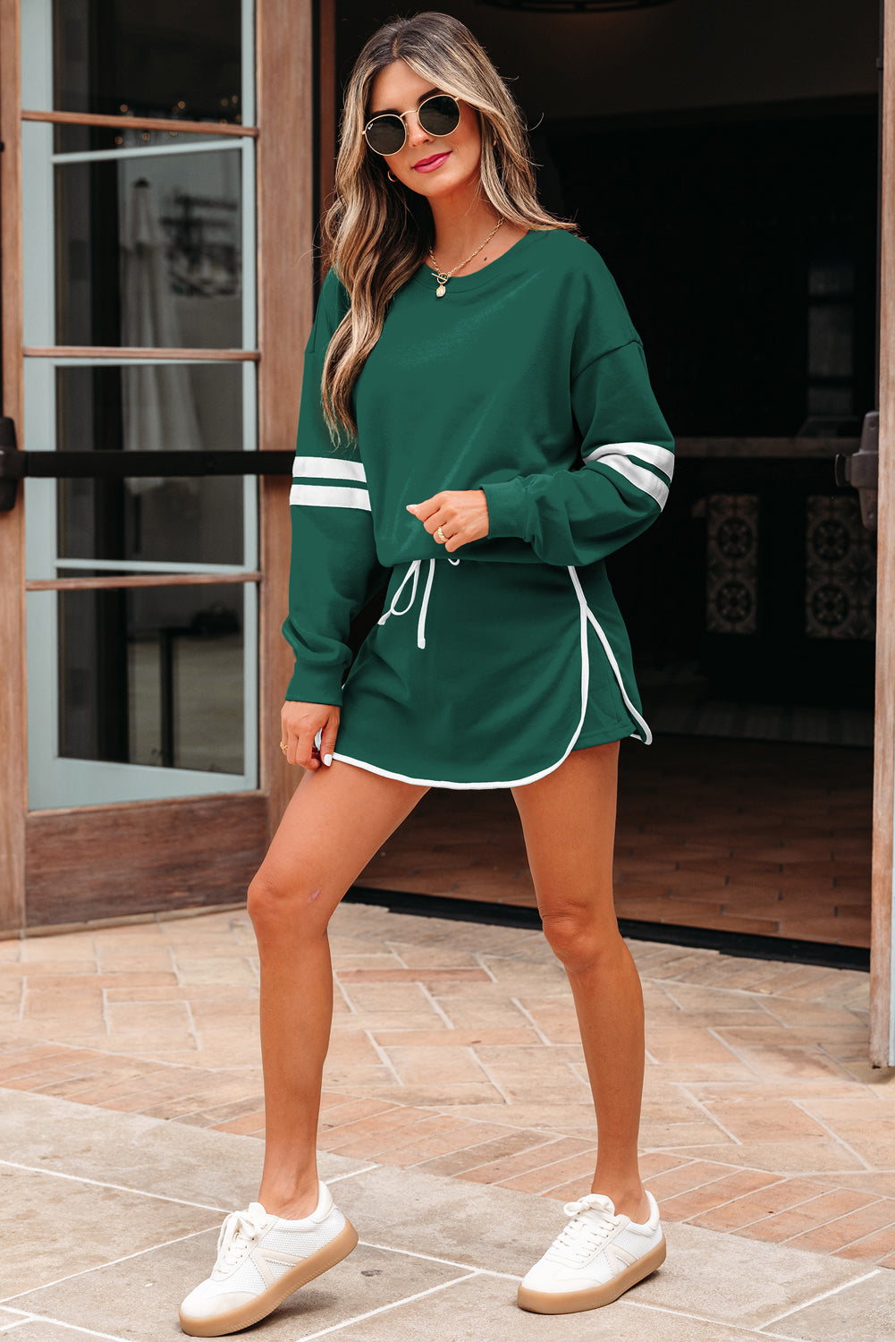 Orange Varsity Stripe Detail Drop Shoulder Pullover Mini Skirt Set