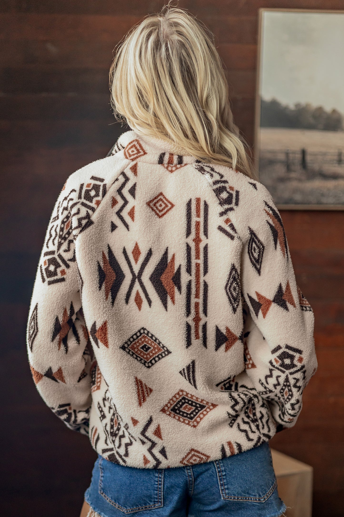 Beige Geometric Print Long Sleeve Shirt Collar Zip-up Placket Binding Tape Jacket