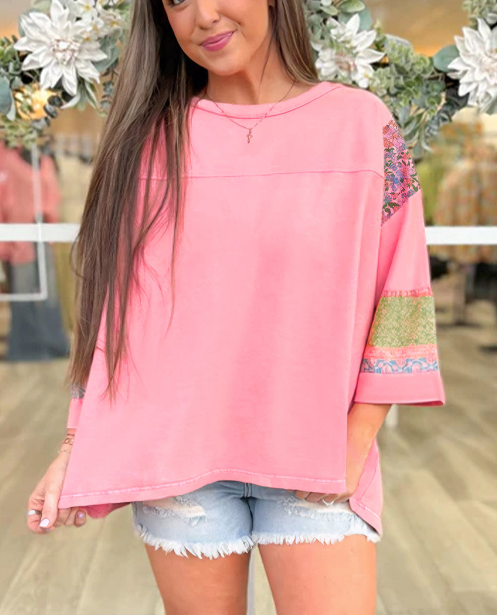 Gossamer Pink Floral Color Block Patchwork Long Sleeve Top