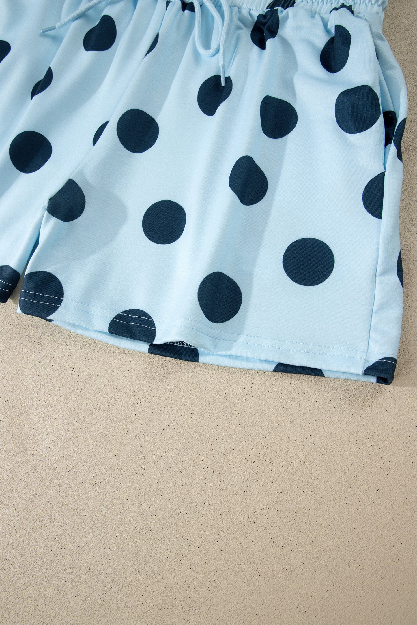 Black Polka Dot Print Loose Tee Drawstring Elastic Waist Short Set