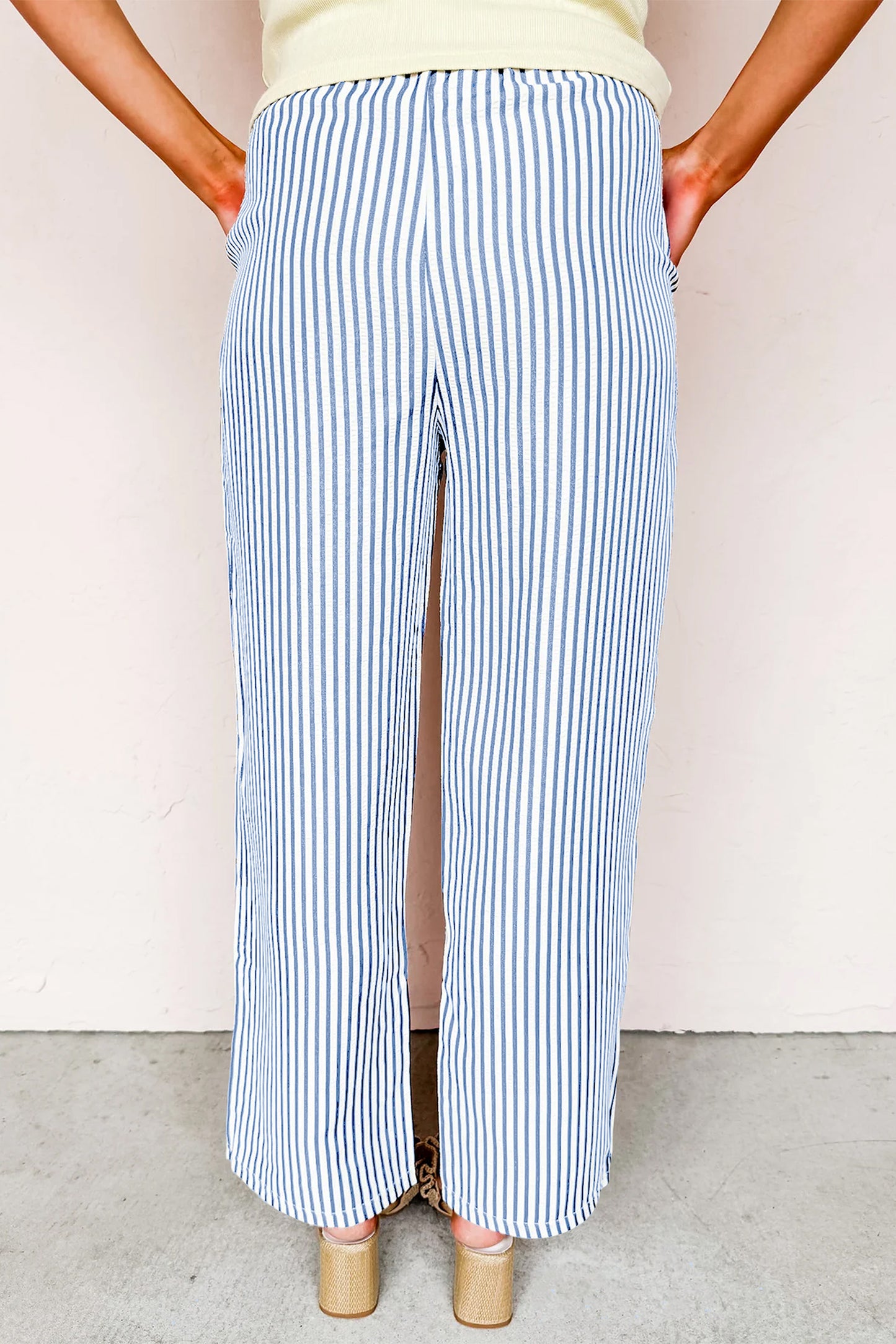 Blue Stripe Drawstring Elastic Waist Ankle Length Shift Pants
