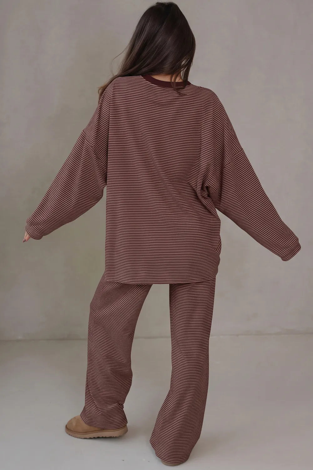Pink Striped Drop Shoulder Long Sleeve Pant Set