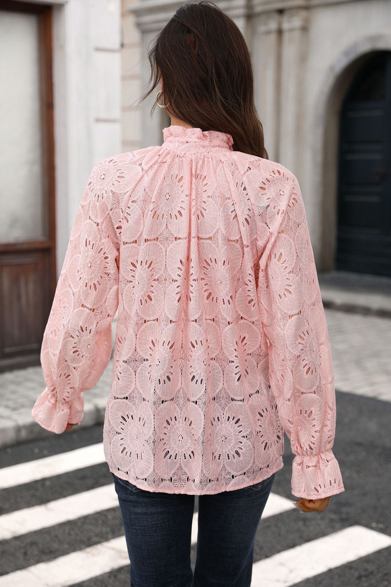 Eyelet Lace V Neck Top Long Sleeve Loose Casual Blouse