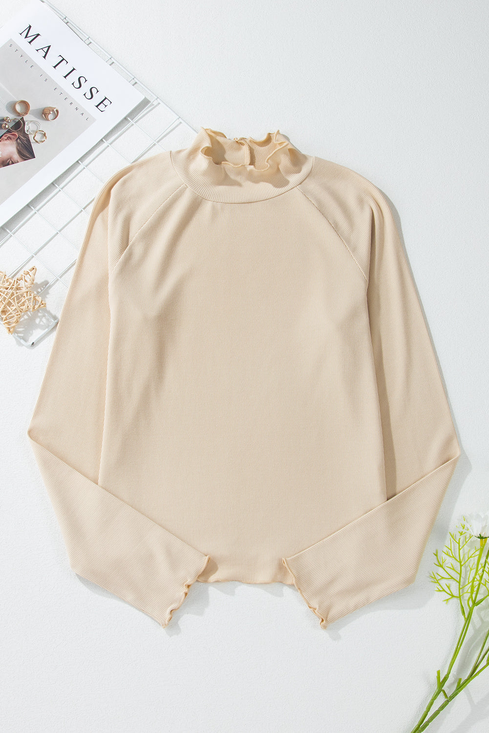 Black Ribbed Knit Lettuce Trim High Neck Long Sleeve Top