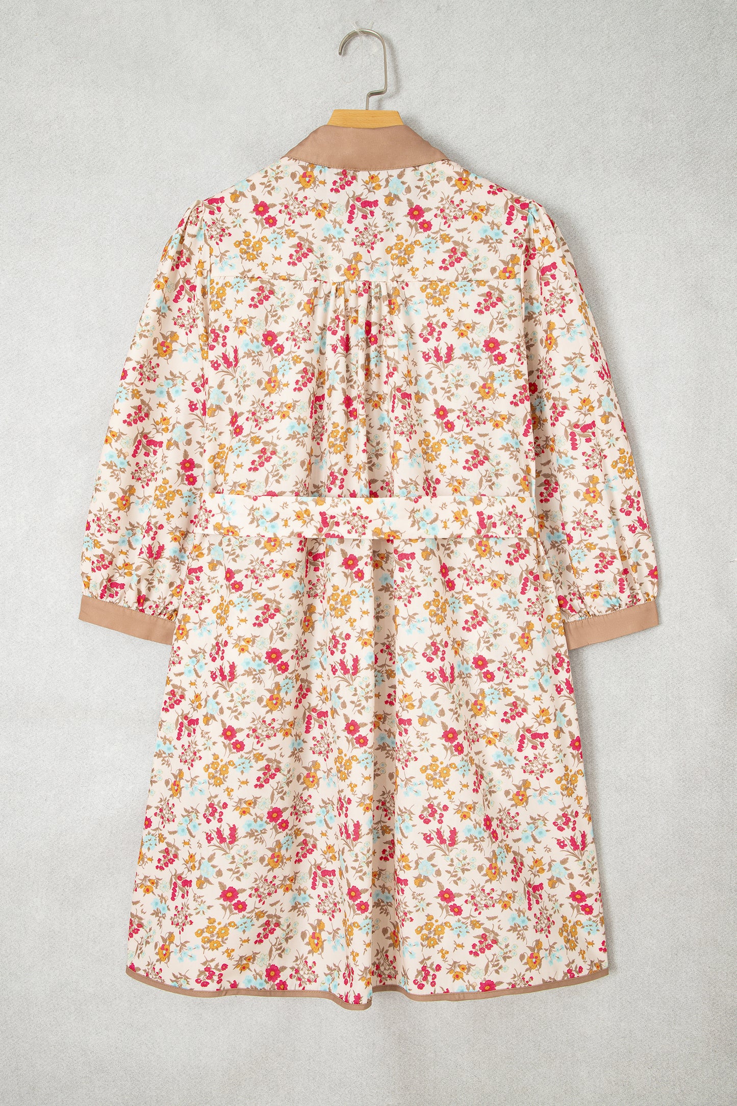 Orange Floral Print Color Block Trim Button Down 3/4 Sleeve Belted Mini Dress