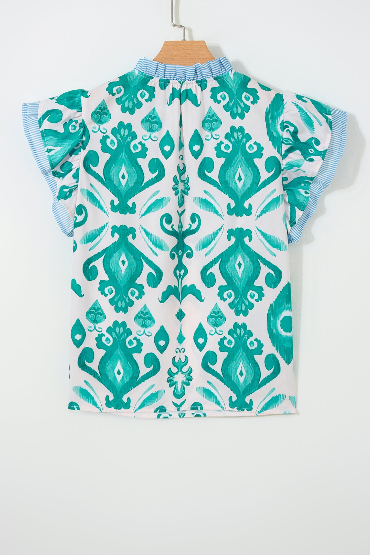Sky Blue Ethnic Print Striped Trim Flutter Sleeve Top
