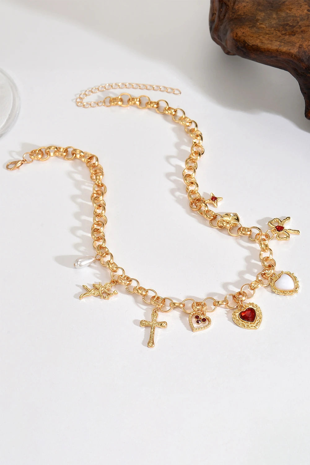 Gold Retro Plated Cross Heart Multi Pendant Necklace