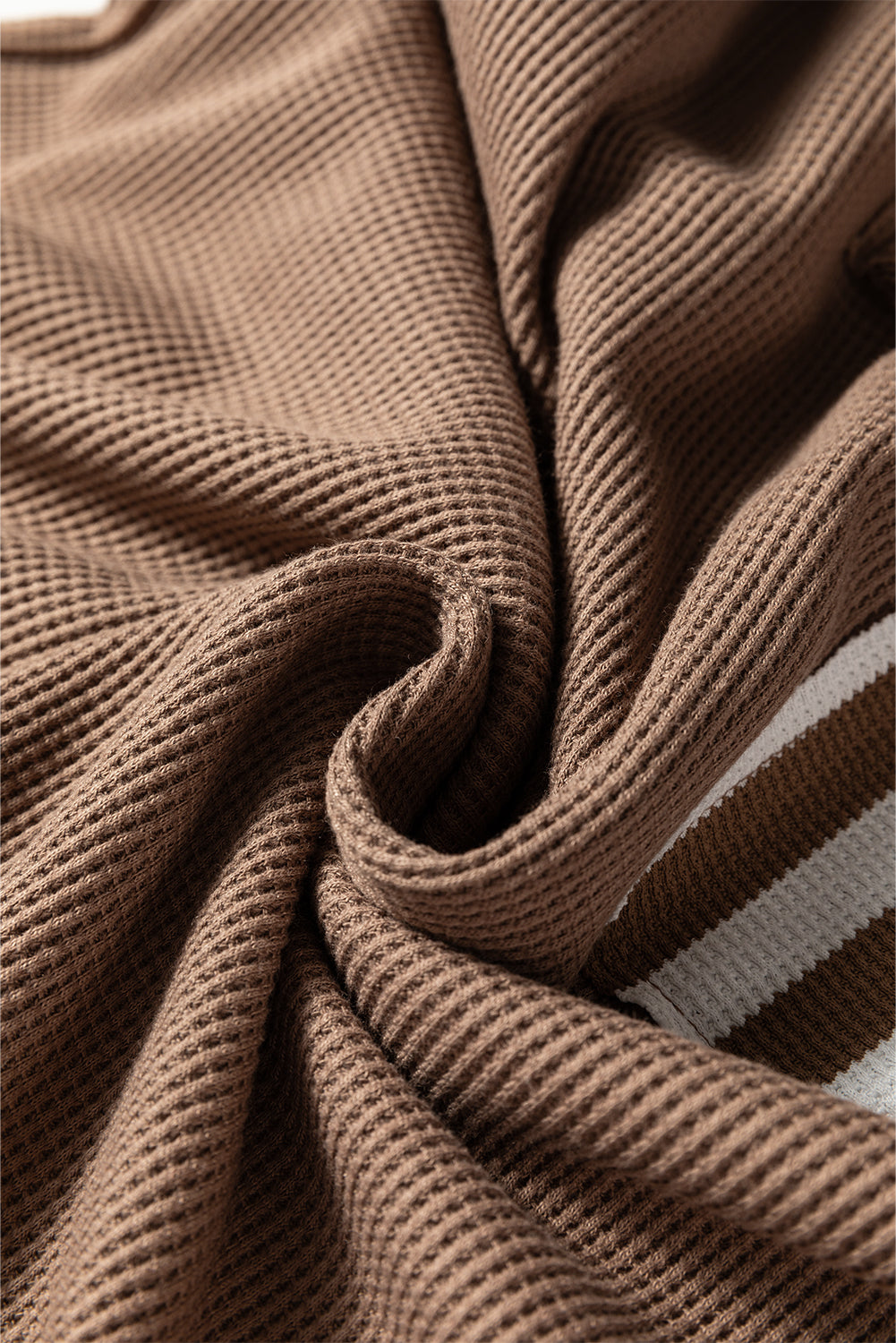 Straw Yellow Waffle Texture Striped Patchwork Button Neck Drawstring Hoodie