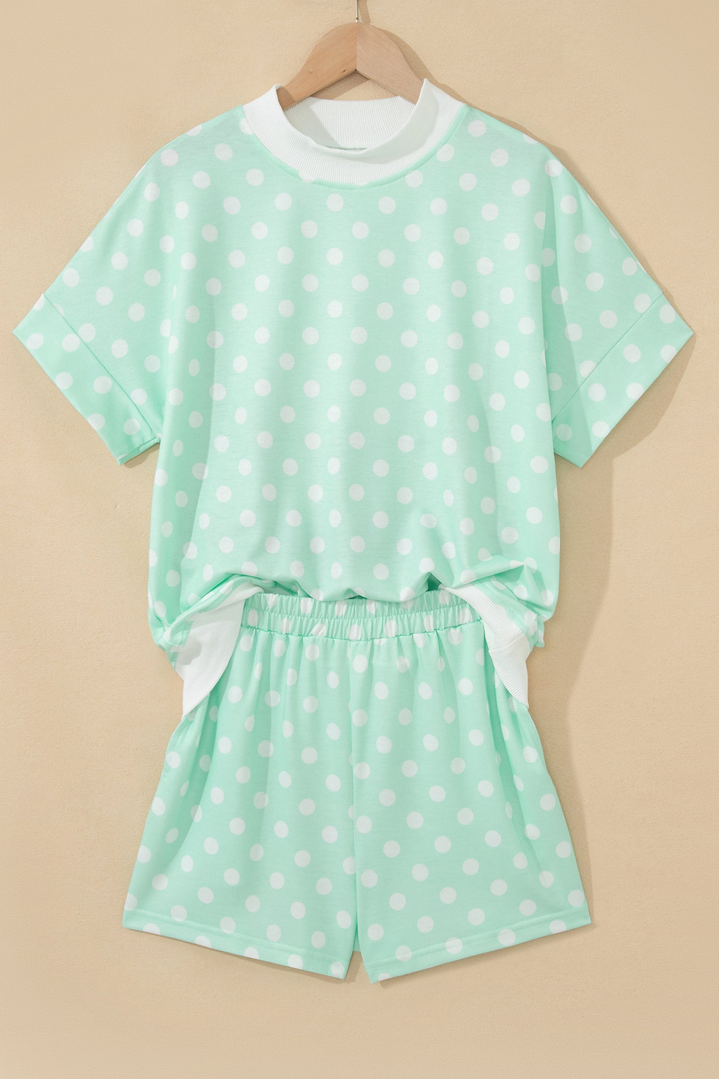 Sky Blue Polka Dot Print Color Block Trim Mock Neck Short Set