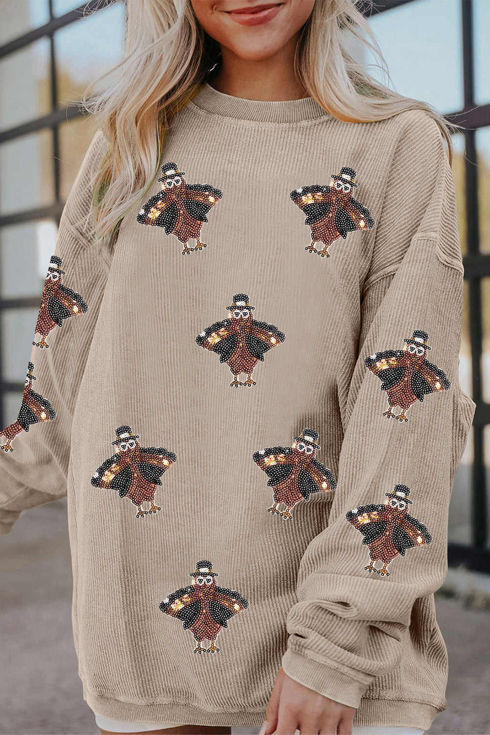 Smoke Gray Twisted Ribbed Sequined Thanksgiving Turkey Graphic Baggy Sweatshirt