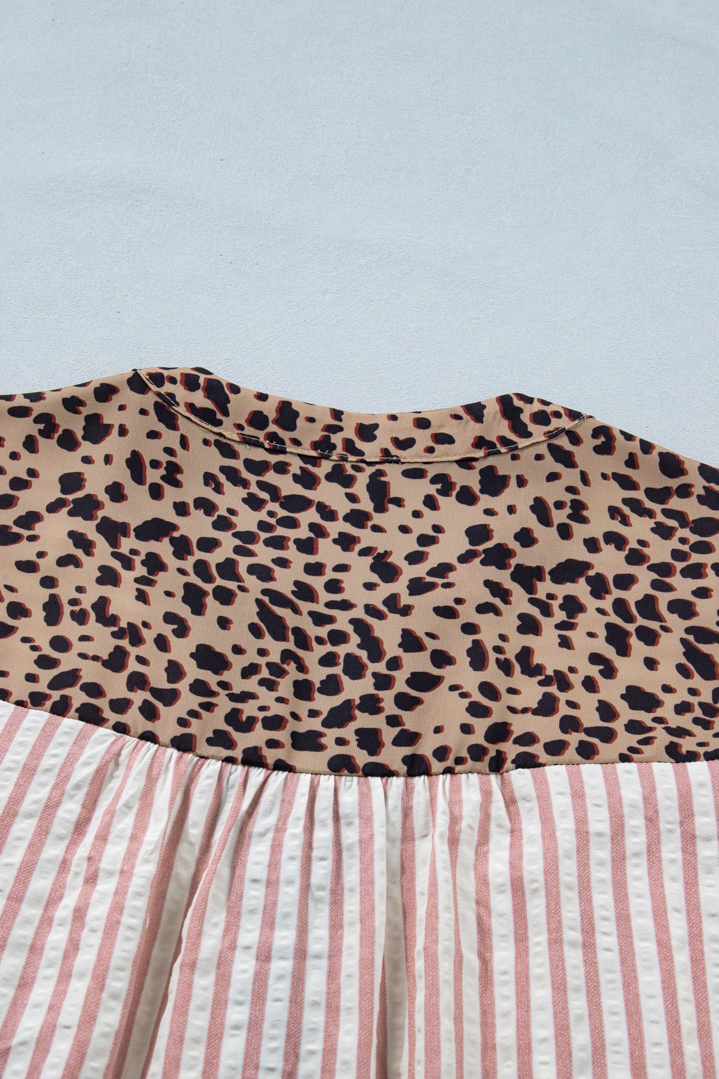 Pink Stripe Leopard Trim V Neck Button Down Half Sleeve Shirt