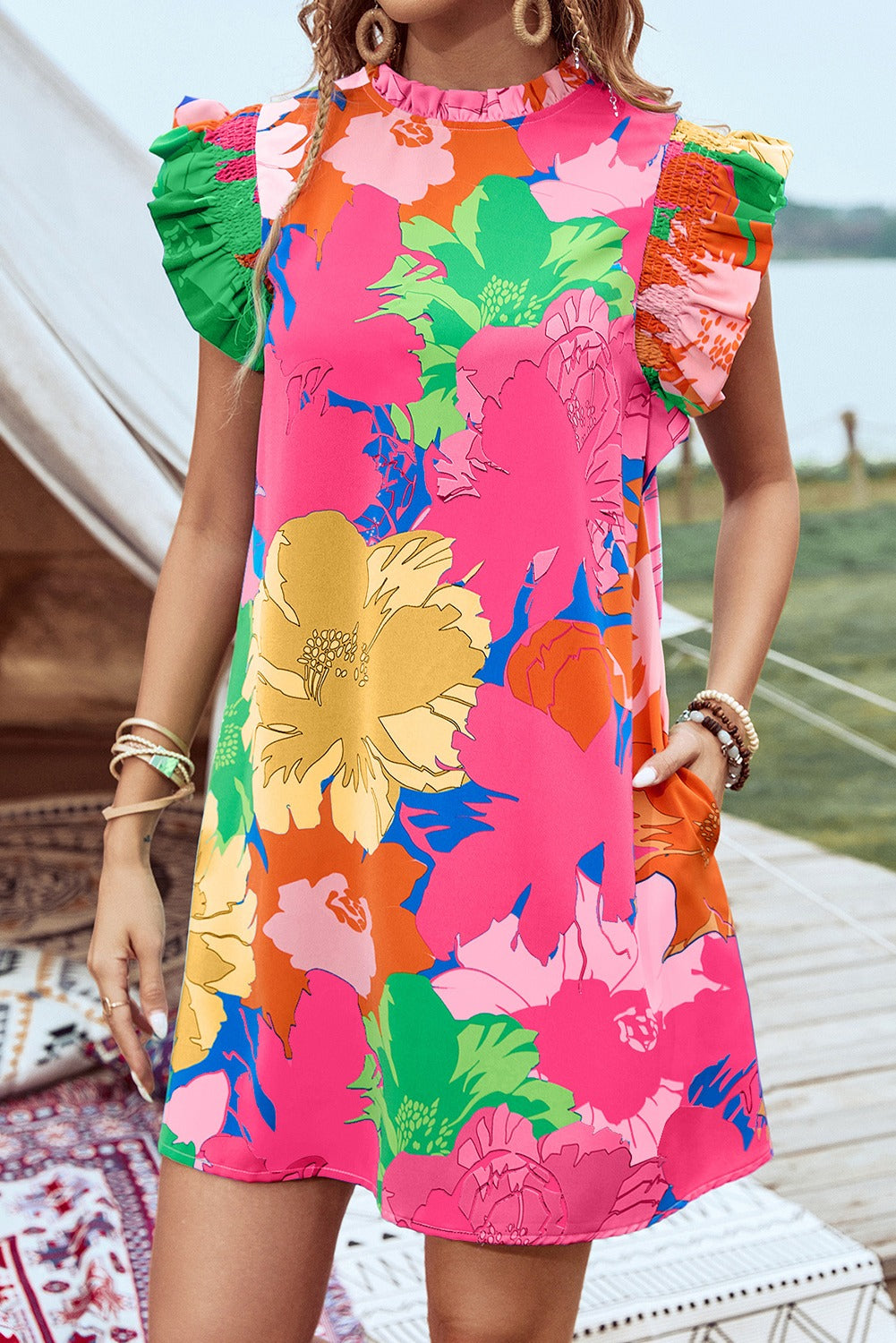 Blue Bold Floral Flutter Sleeve Shift Mini Dress with Pockets