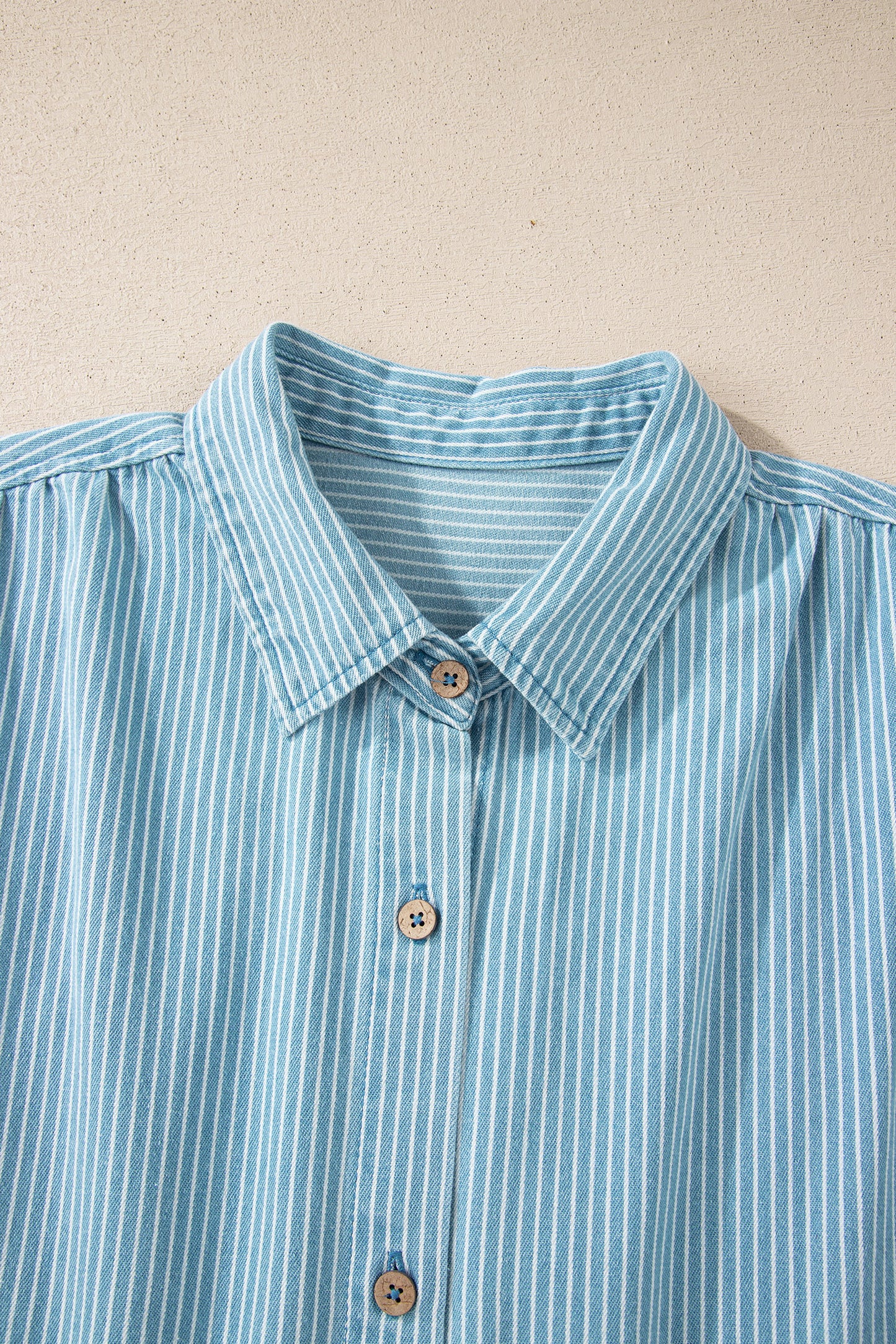 Sky Blue Stripe Cuffed Short Sleeve Button up Loose Shirt